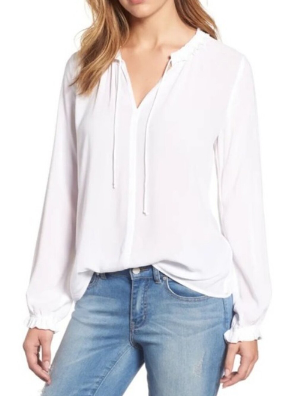 Velvet by Graham & Spencer White Tie-Neck Long Sleeve Blouse